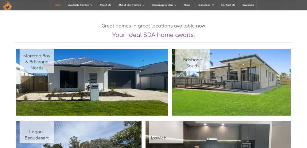 Disability Housing Centre screen concept showing homepage and content structure