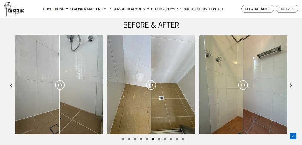 SA Sealing and Tiling screen concept showing trust and conversion sections
