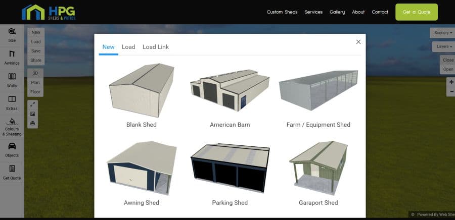 HPG Sheds and Patios screen concept showcasing service layout