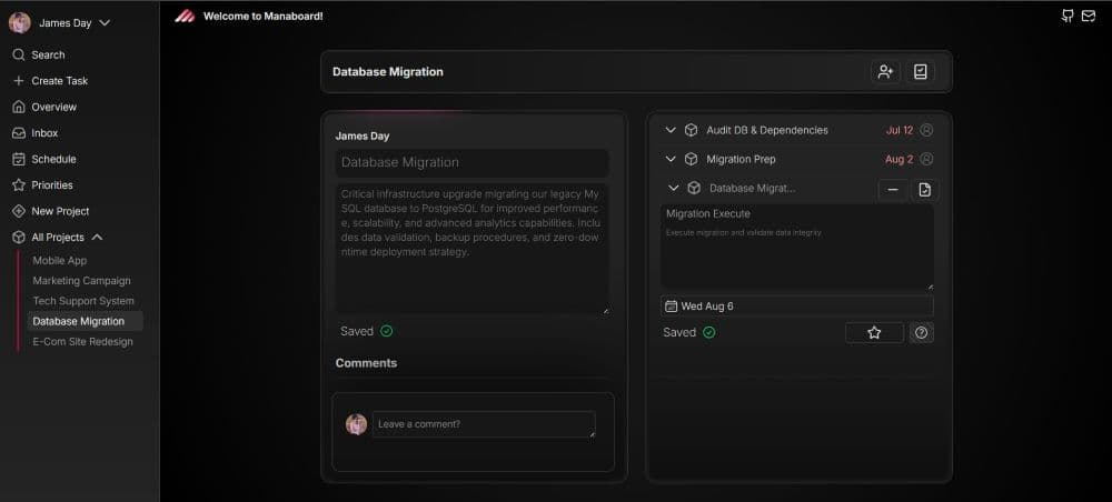 Manaboard project and task workspace screen concept