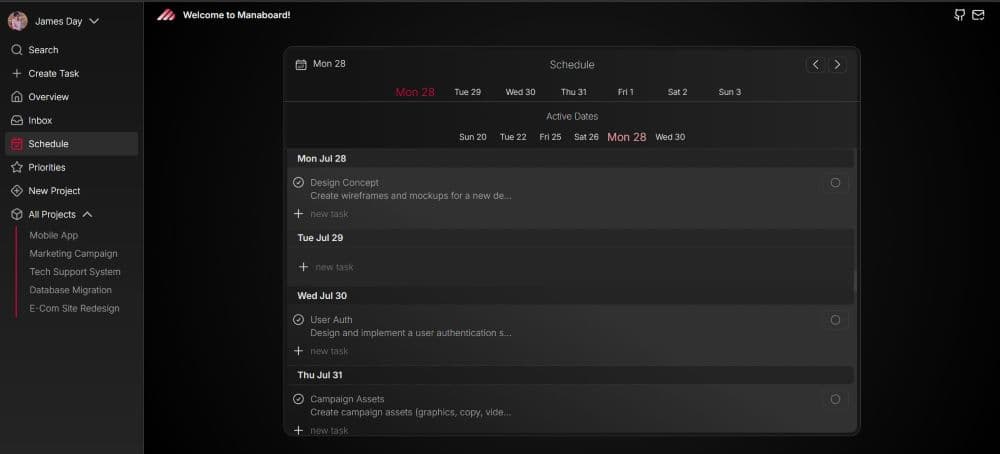 Manaboard schedule timeline screen concept
